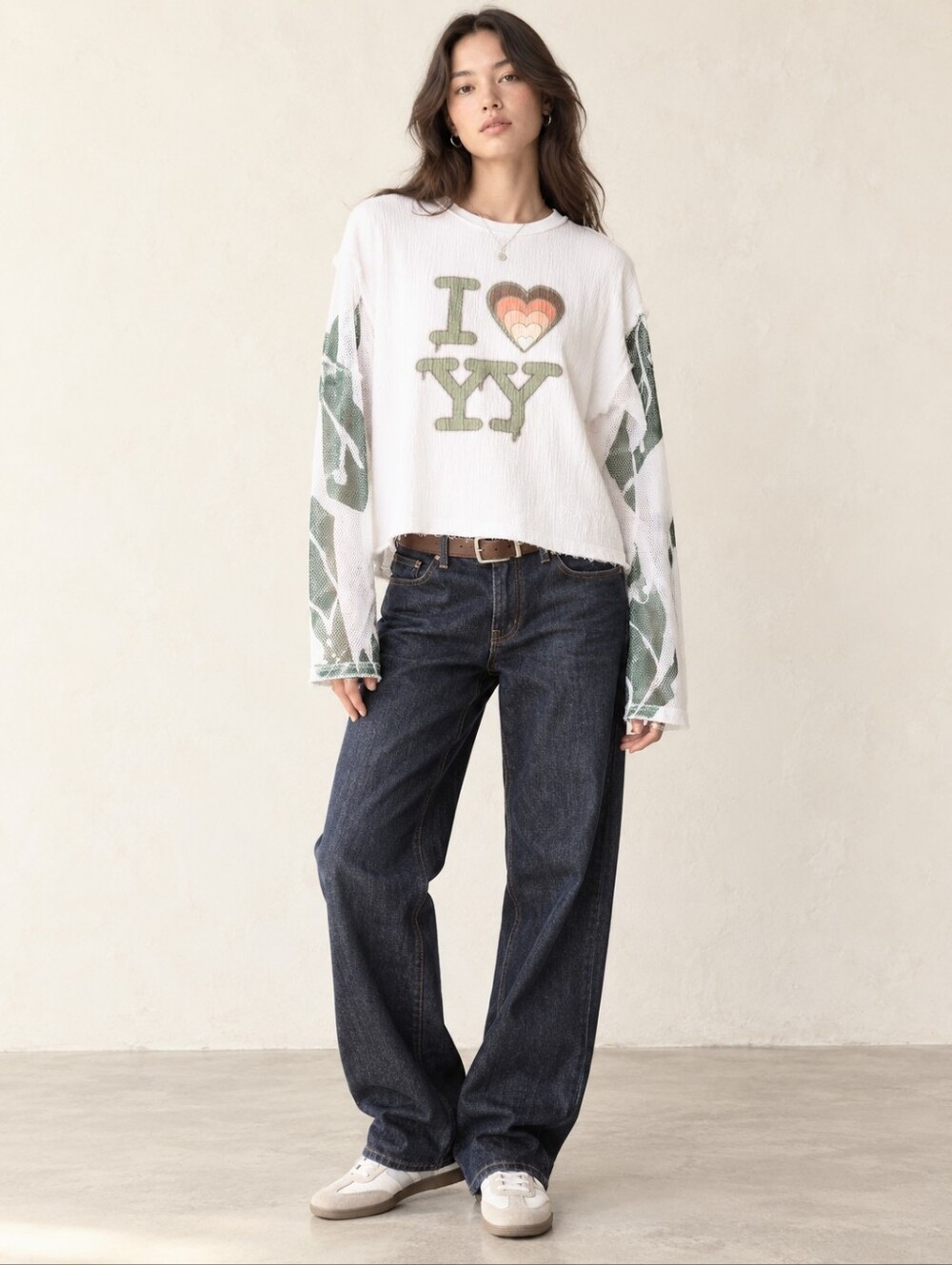 OPEN YY I Love YY Mesh Sleeve T-Shirt White Green Raw Hem Y2K Korean